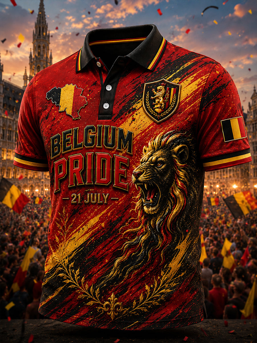 Retro-Kunstdruck zur belgischen Nationalfeiertagsfeier, lässiges Poloshirt