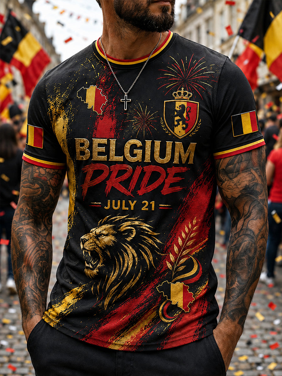 Retro-Kunstdruck zur belgischen Nationalfeiertagsfeier Lässiges Oberbekleidungs-T-Shirt