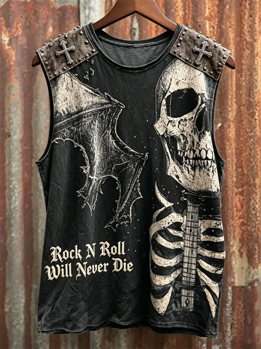 Herren Rock N Roll wird nie sterben Schädel mit Fledermaus Flügel Print Schläger Weste