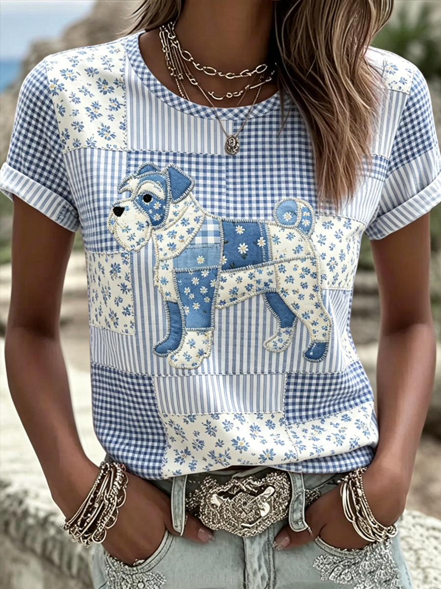 Damen-Tier-Hund im Country-Stil bedrucktes Vintage-Mode-T-Shirt mit kurzen Ärmeln