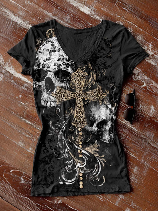 Damen Retro Rock Totenkopf Muster gedruckt lässig T-Shirt mit V-Ausschnitt