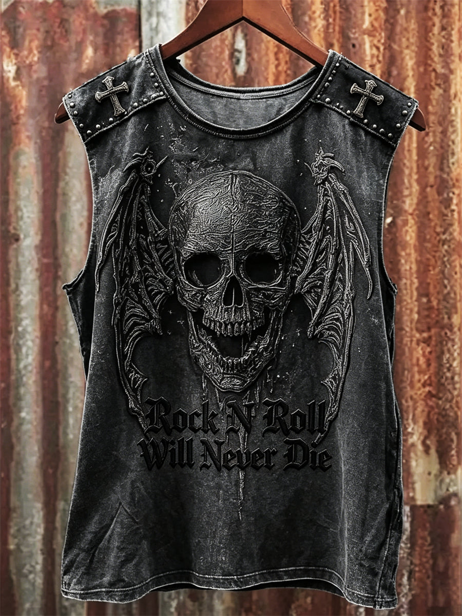 Herren Rock N Roll wird nie sterben Dunkel böser Schädel print Schläger weste