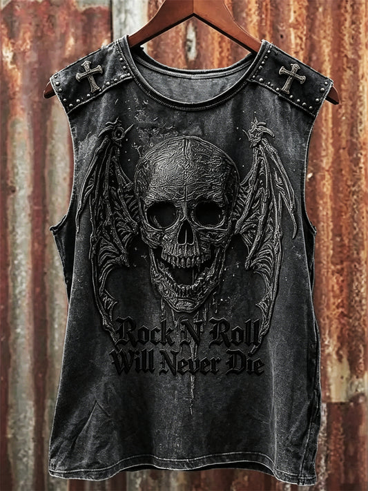 Herren Rock N Roll wird nie sterben Dunkel böser Schädel print Schläger weste