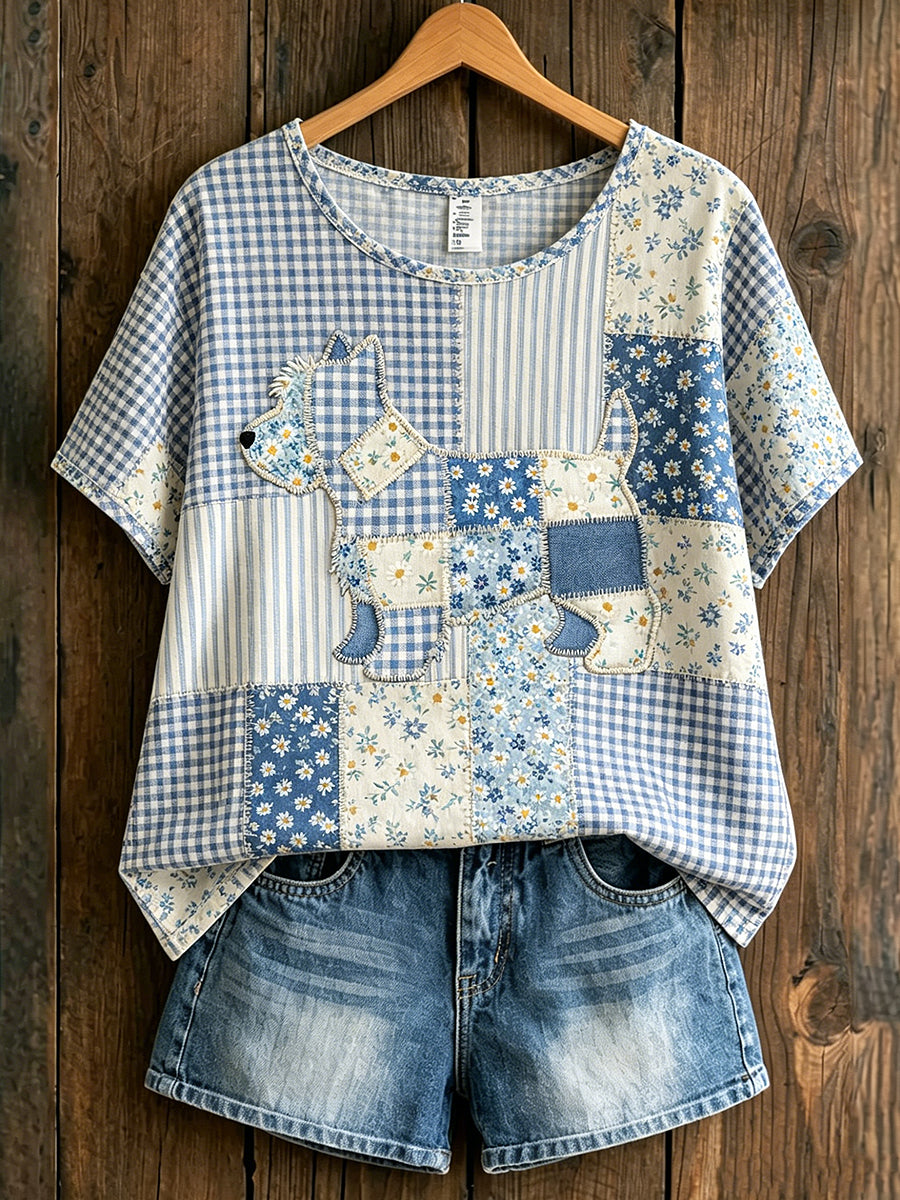 Damen-T-Shirt im Tier- und Landhausstil, bedruckt, vintage, locker geschnitten, mit kurzen Ärmeln