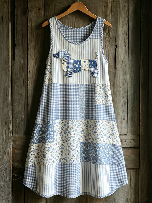 Frauen Tier Hund Land Stil Kunst bedruckt ärmel los Kleid