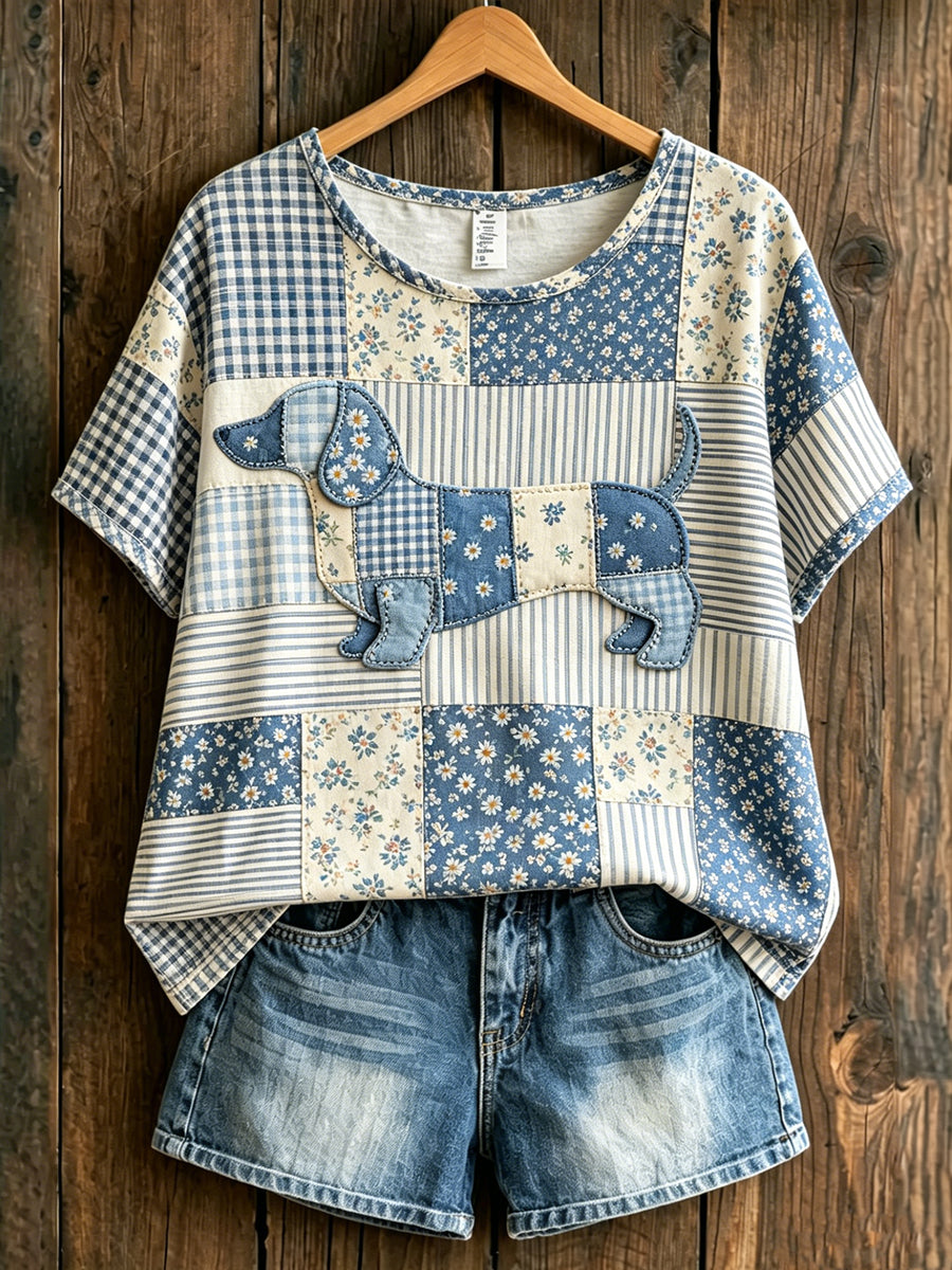 Damen-Tier-Hund im Country-Stil bedrucktes Vintage-Kurzarm-T-Shirt