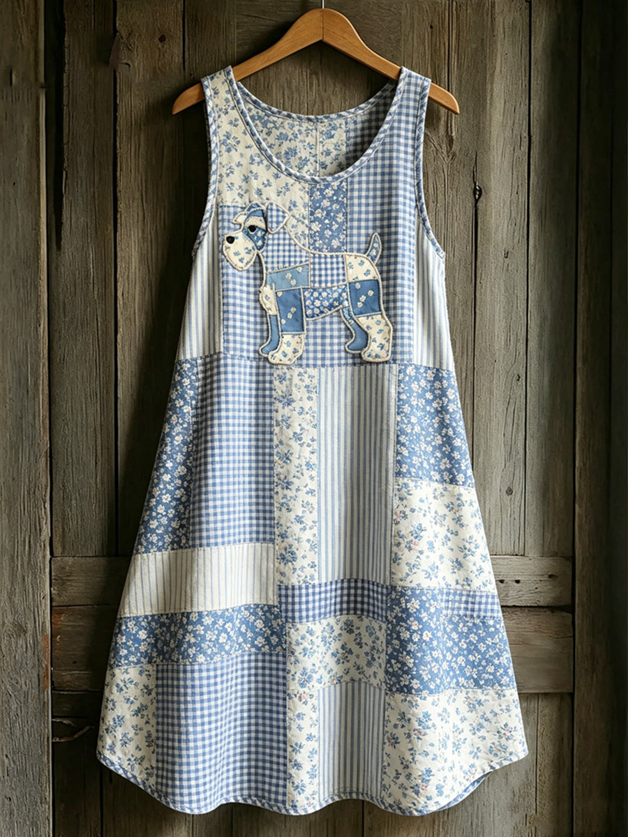 Damenkleid ohne Ärmel mit tierischem Hunde- und Landschaftsmotiv im Country-Stil