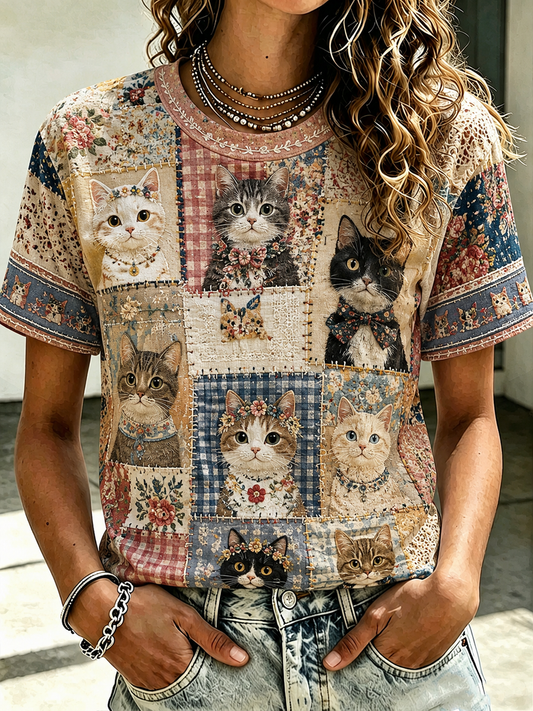 Damen-T-Shirt mit Katzen-Print und kurzen Ärmeln