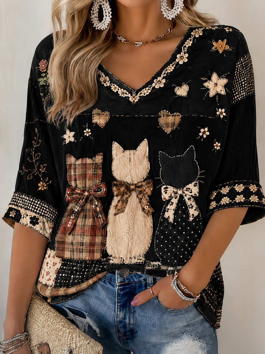 Damen-T-Shirt mit Katzenmuster, mittellange Ärmel und V-Ausschnitt
