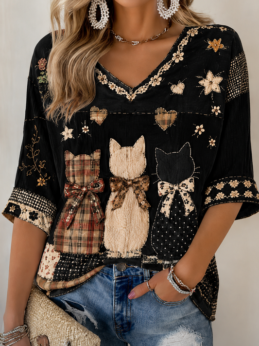 Damen-T-Shirt mit Katzenmuster, mittellange Ärmel und V-Ausschnitt