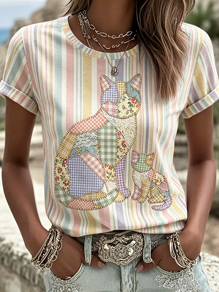 Damen-Tier katze im Country-Stil bedrucktes Vintage-Mode-T-Shirt mit kurzen Ärmeln