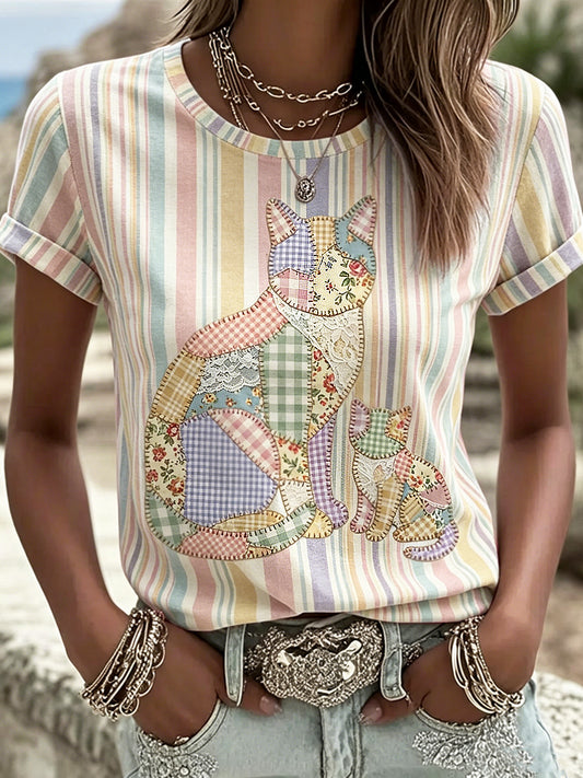 Damen-Tier katze im Country-Stil bedrucktes Vintage-Mode-T-Shirt mit kurzen Ärmeln