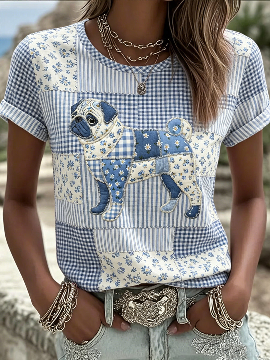 Damen-Tier-Hund im Country-Stil bedrucktes Vintage-Mode-T-Shirt mit kurzen Ärmeln