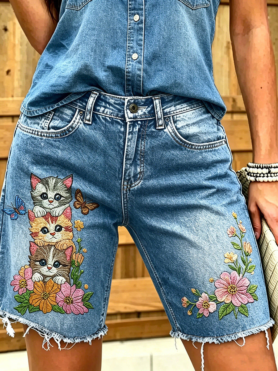 Damen-Jeans mit kurzer Länge und tierischem Katzen-Print