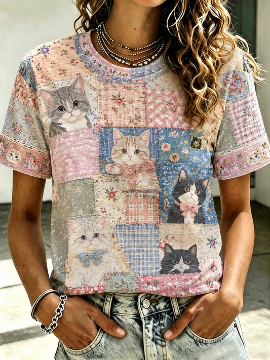 Damen-T-Shirt mit Katzen-Print und kurzen Ärmeln