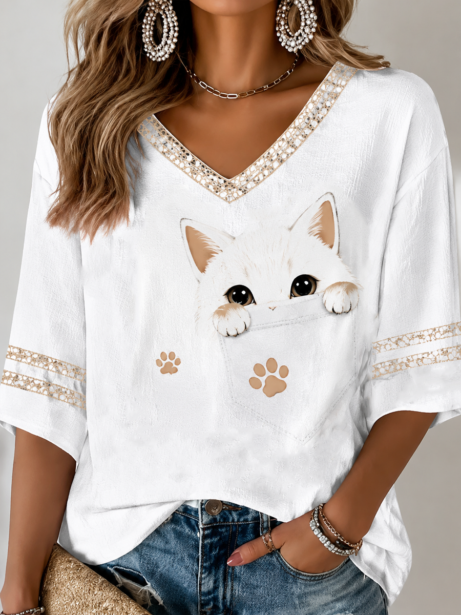 Damen-T-Shirt mit Katzenmuster, mittellange Ärmel und V-Ausschnitt