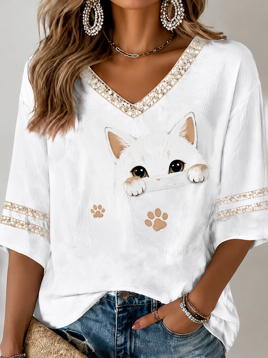 Damen-T-Shirt mit Katzenmuster, mittellange Ärmel und V-Ausschnitt
