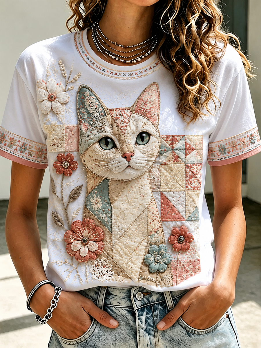 Damen-T-Shirt mit Katzen-Print und kurzen Ärmeln