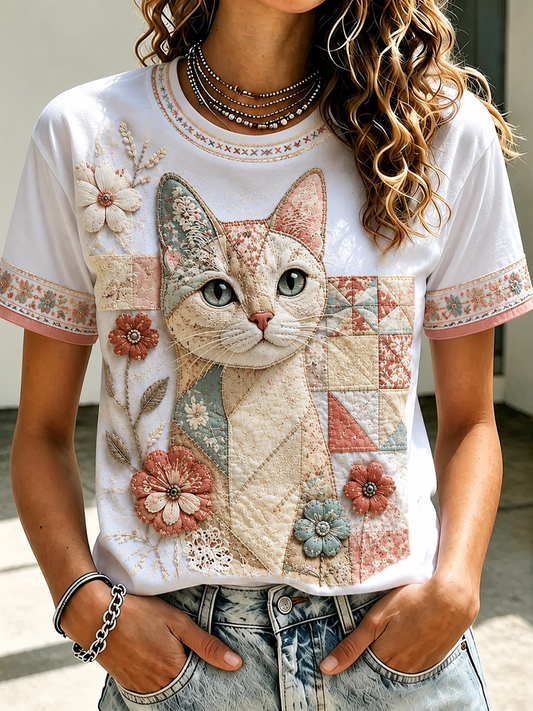 Damen-T-Shirt mit Katzen-Print und kurzen Ärmeln