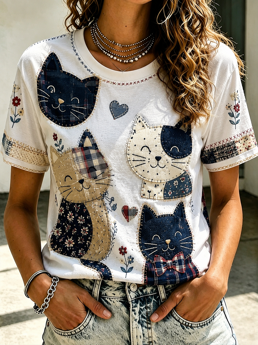 Kurz ärmel iges T-Shirt für Damen Katze bedruckt