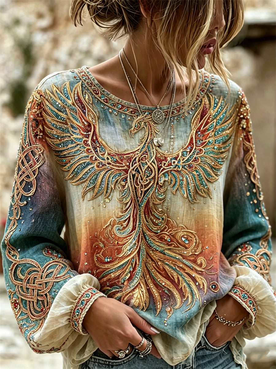 Damen Edles Vintage Phoenix Kunst mit keltischem Druck, gradienten Baumwoll-Leinen hemd