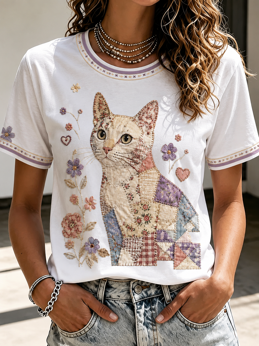 Damen-T-Shirt mit Katzen-Print und kurzen Ärmeln