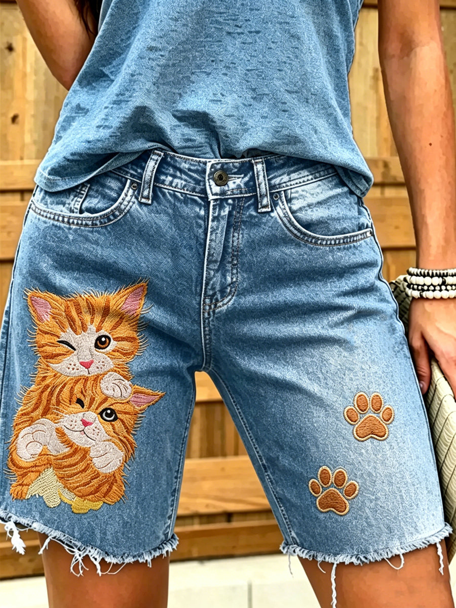 Damen Tier Katze Kunst bedruckte kurze Jeans