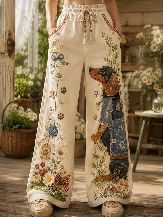 Damen-Hose mit Vintage-Blumen-Dackel-Collagen-Kunstdruck