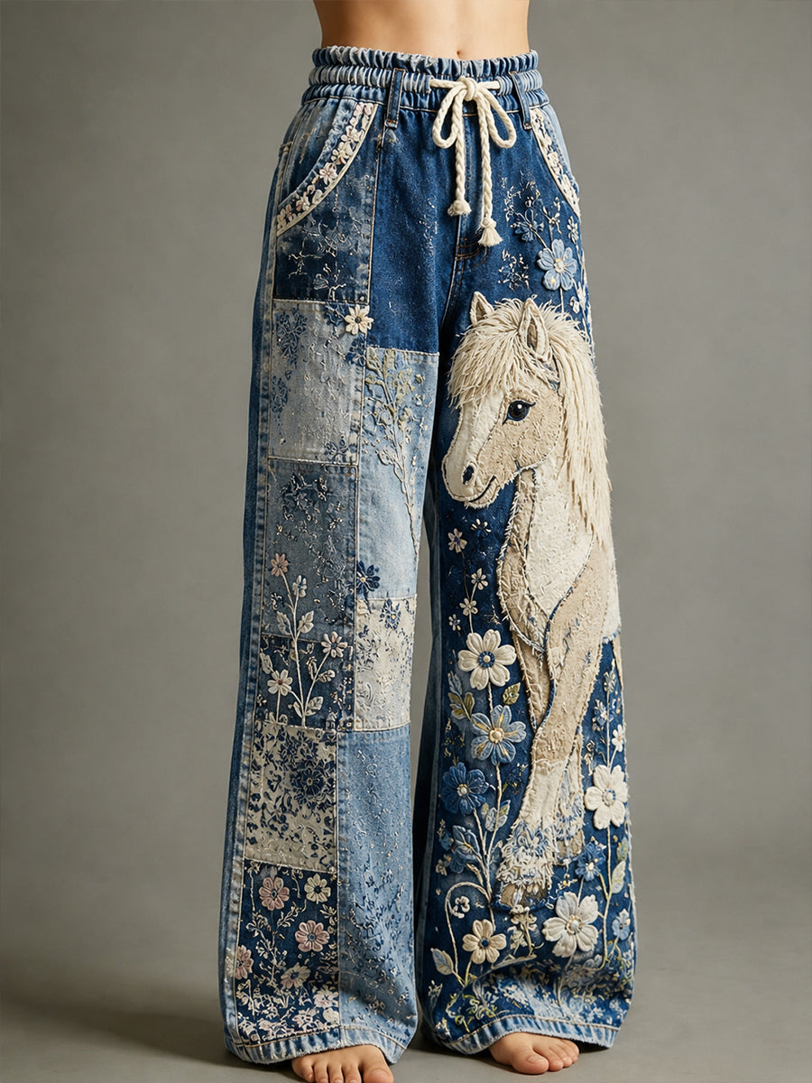 Damen Vintage Floral und Pferd Collage Kunstdruck Hose