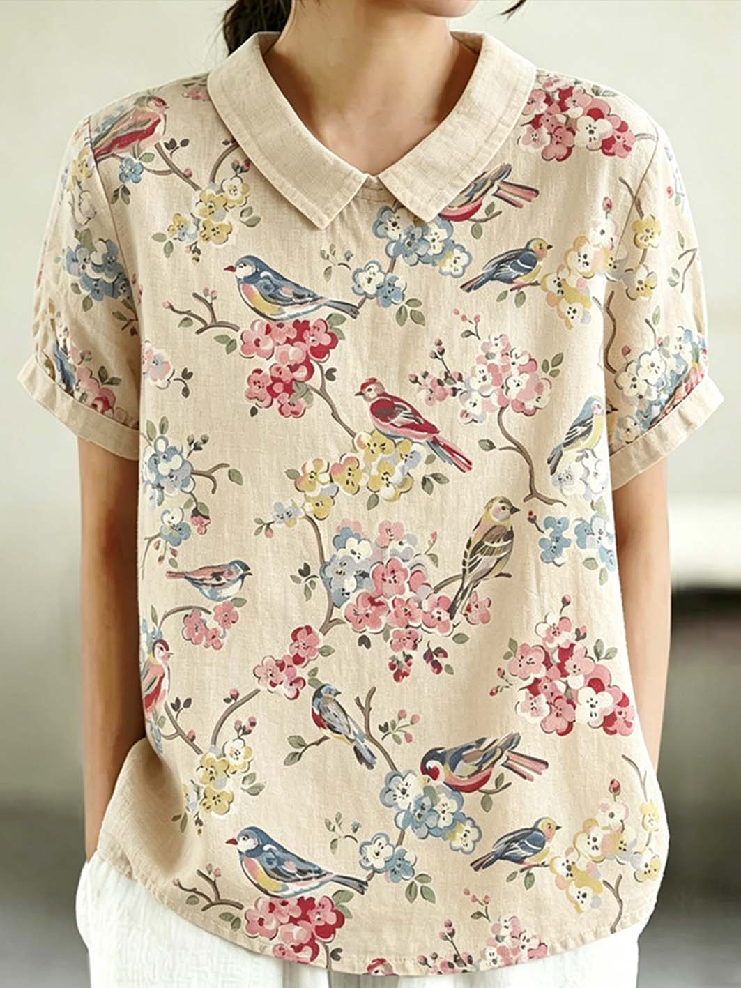 Damen Waldtier muster bedruckt Kurzarm-Puppe Hals bluse