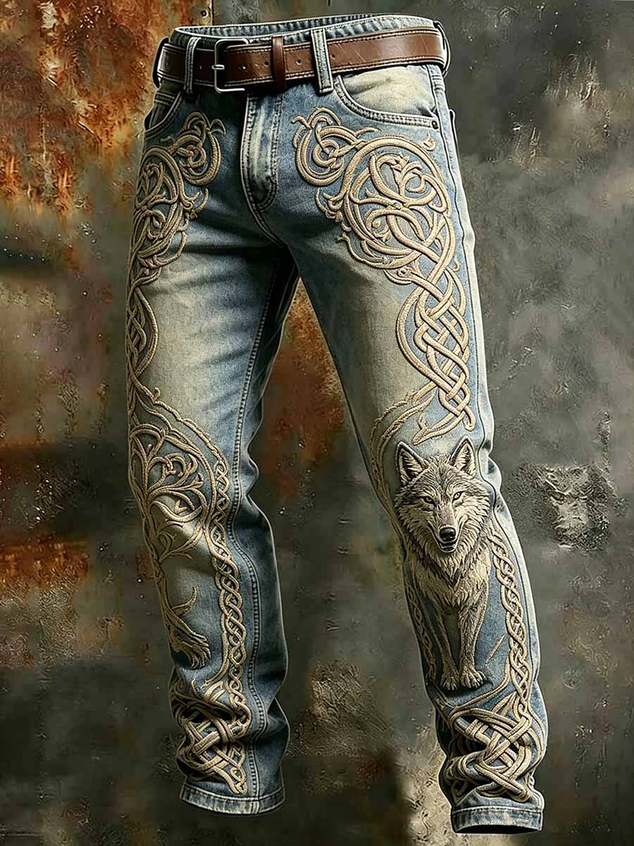 Herren Retro Viking Wolf Print Lange Hosen