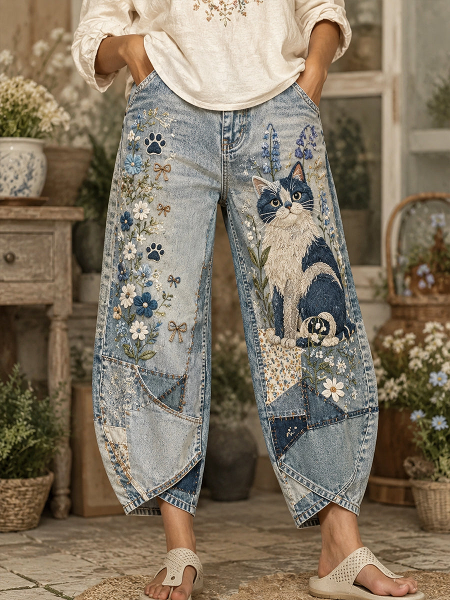Damen niedliches Kätzchen und Floral Collage Kunstdruck Ausgestellte Hose