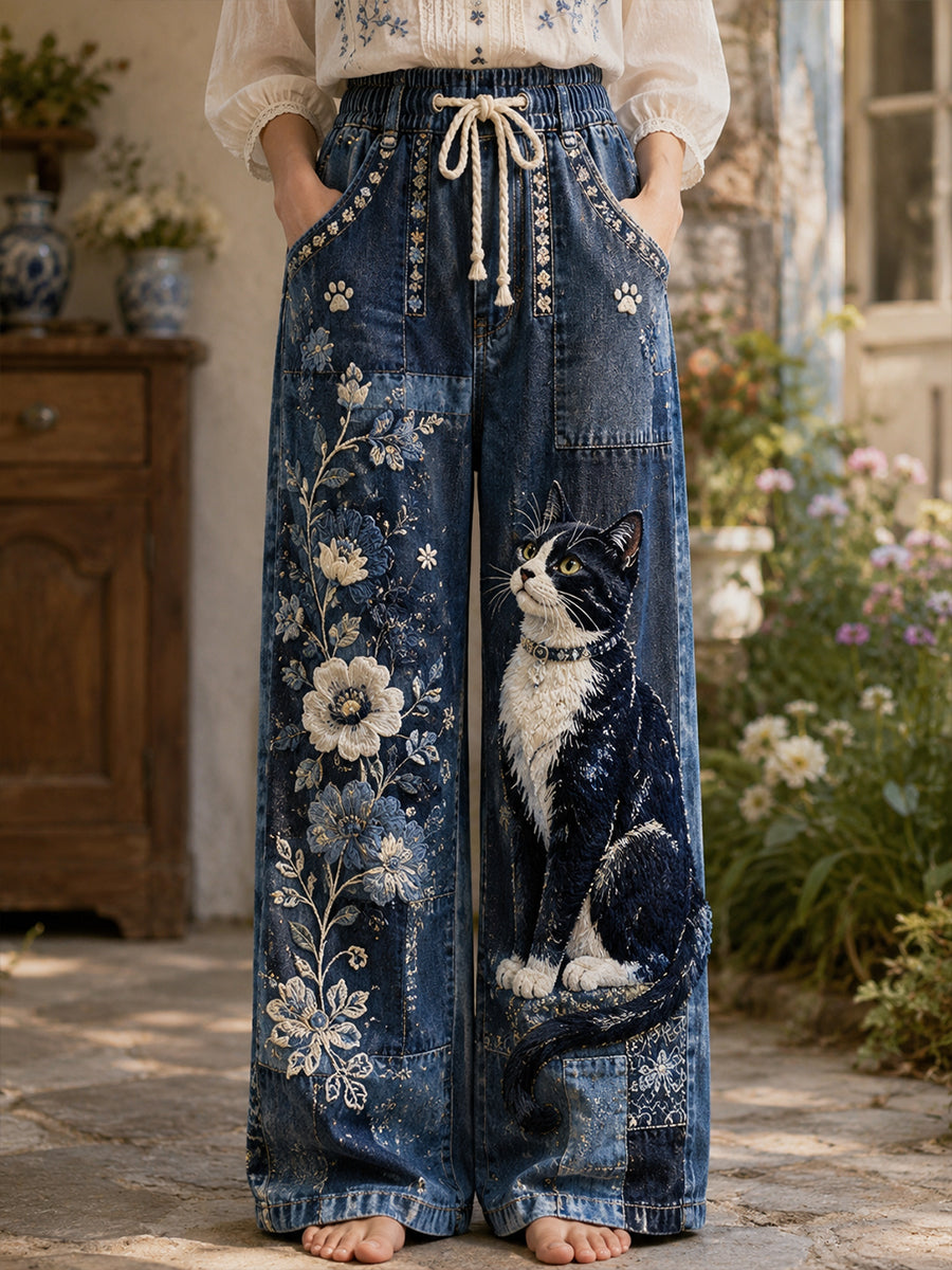 Damen Vintage Floral Katze Collage Kunstdruck Hose
