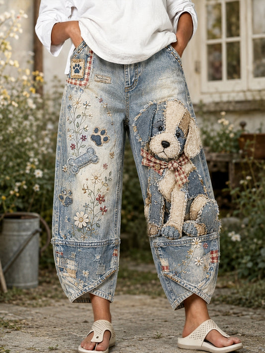Damen Puppy und Floral Collage Kunstdruck Ausgestellte Hose
