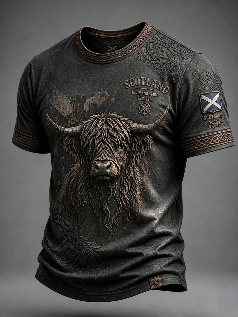 Herren-T-Shirt mit Highland-Cow-Print und kurzen Ärmeln
