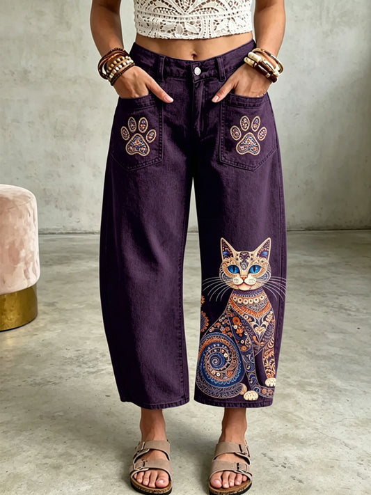 Damenhose mit tierischem Bohemian-Katzen-Art-Print und Taschen