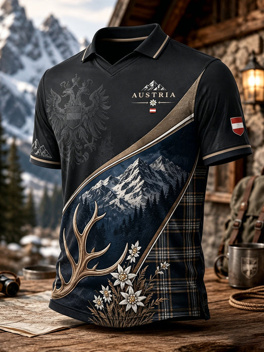 Herren-Top mit österreichischem Schneegebirge- und Blumenmuster sowie V-Ausschnitt