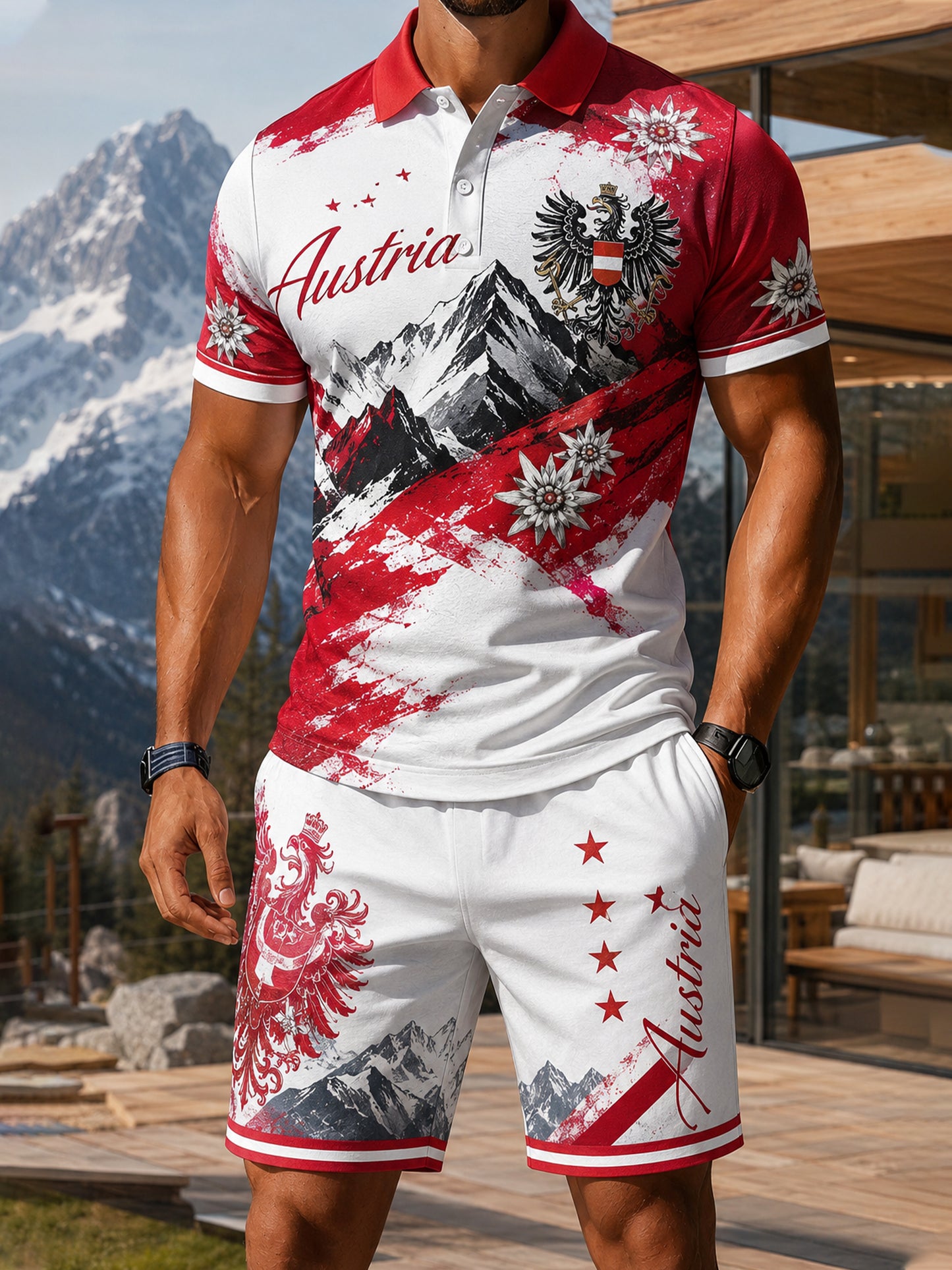 Herren-Österreich-Fußball-Anfeuerungs-Element-Kunstdruck-Poloanzug