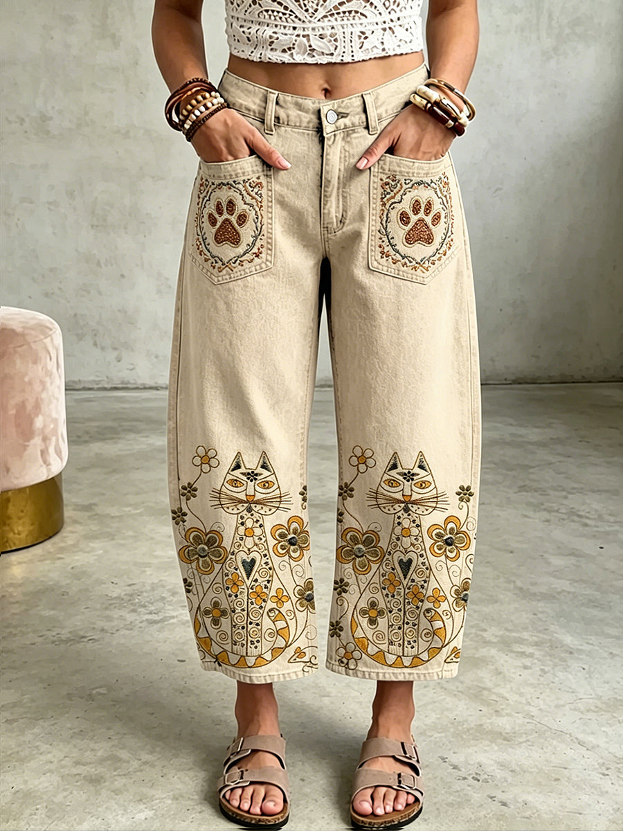 Damenhose mit tierischem Bohemian-Katzen-Art-Print und Taschen