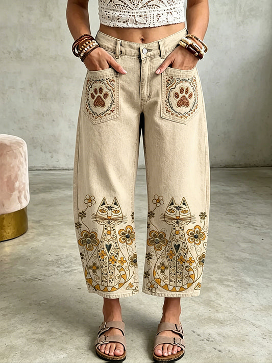Damenhose mit tierischem Bohemian-Katzen-Art-Print und Taschen