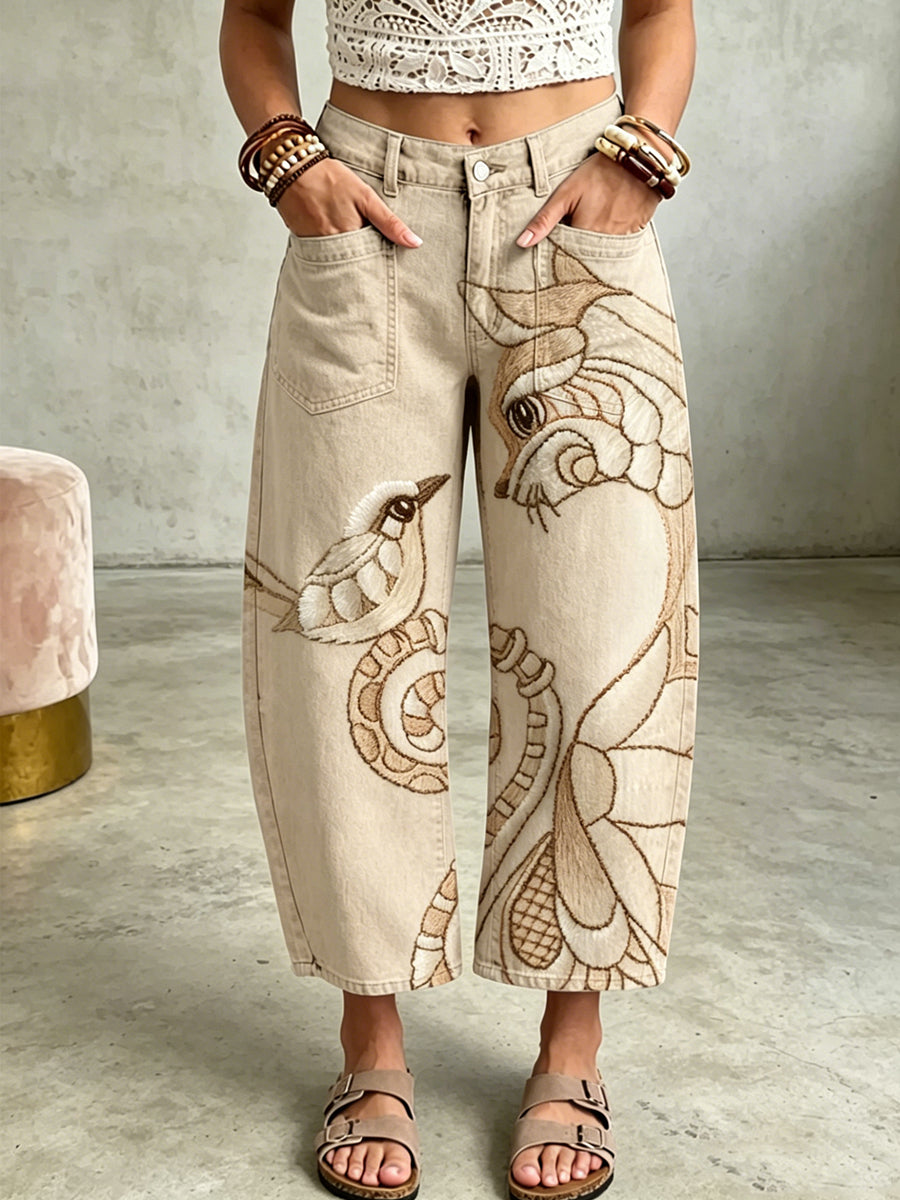 Damenhose mit tierischem Bohemian-Katzen-Art-Print und Taschen
