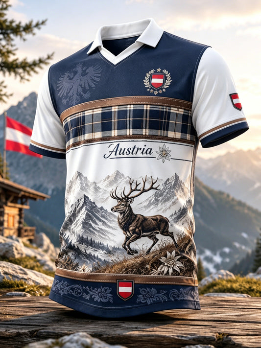 Herren-Top mit österreichischem Schneegebirge- und Blumenmuster sowie V-Ausschnitt