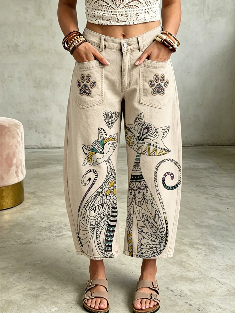 Damenhose mit tierischem Bohemian-Katzen-Art-Print und Taschen