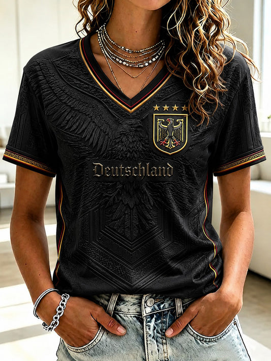 Damen-Fußball-T-Shirt aus Deutschland mit V-Ausschnitt und Aufdruck