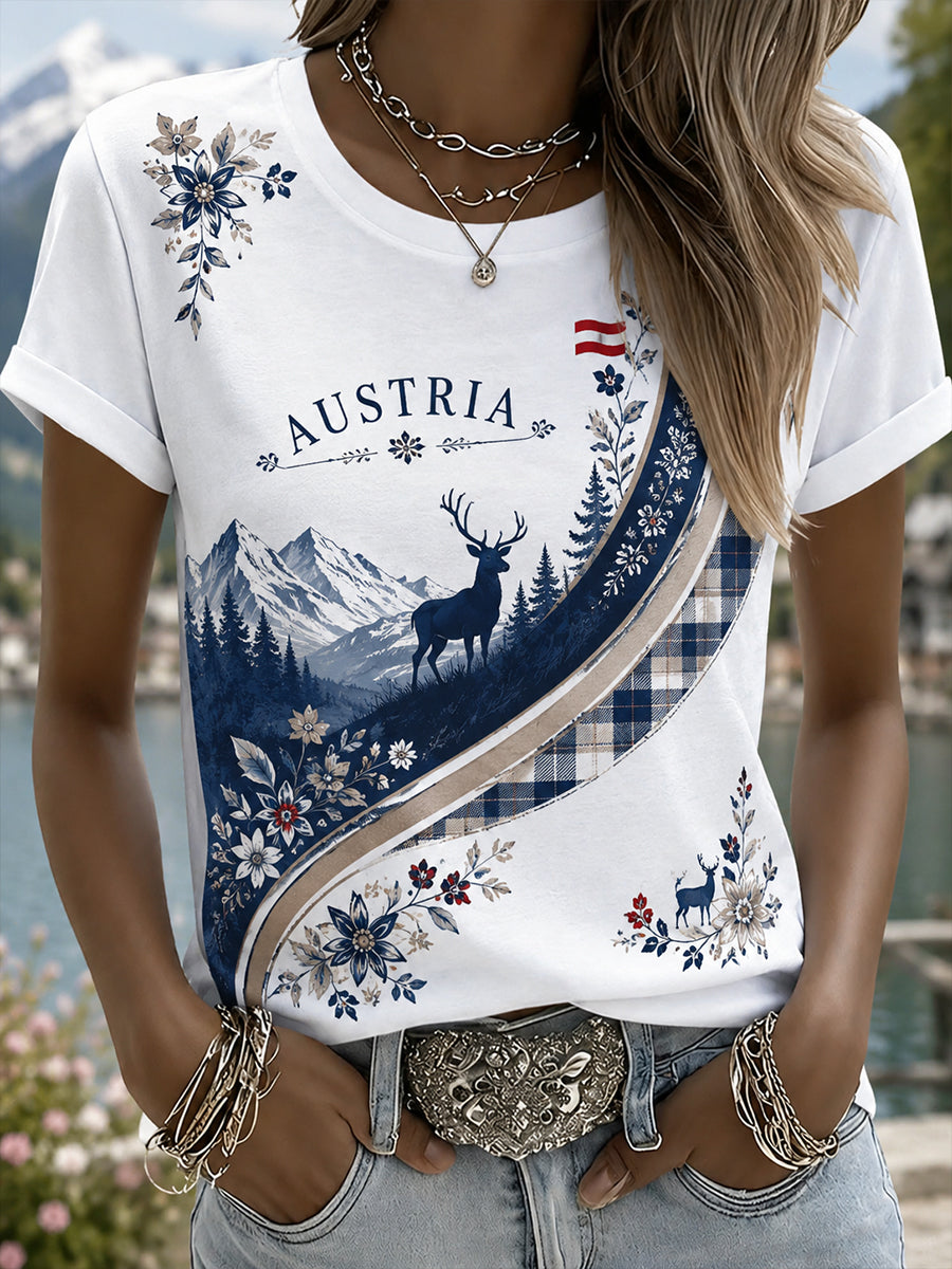 Damen-T-Shirt mit kunstvollem Gedenkdruck zu den natürlichen Elementen Österreichs