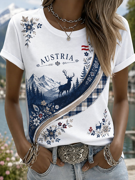 Damen-T-Shirt mit kunstvollem Gedenkdruck zu den natürlichen Elementen Österreichs