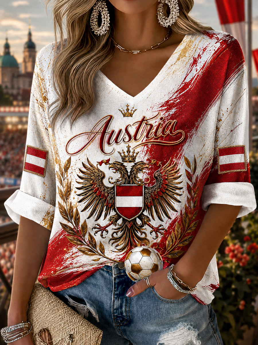 Frauen-Österreich-Fußball-Cheer-Element-Kunstdruck-V-Ausschnitt-Top