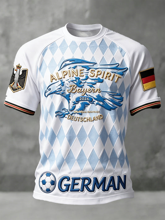 Herren-T-Shirt im Casual-Stil mit deutschem Fußball- und Bayern-Print sowie abgesetzten Schultern