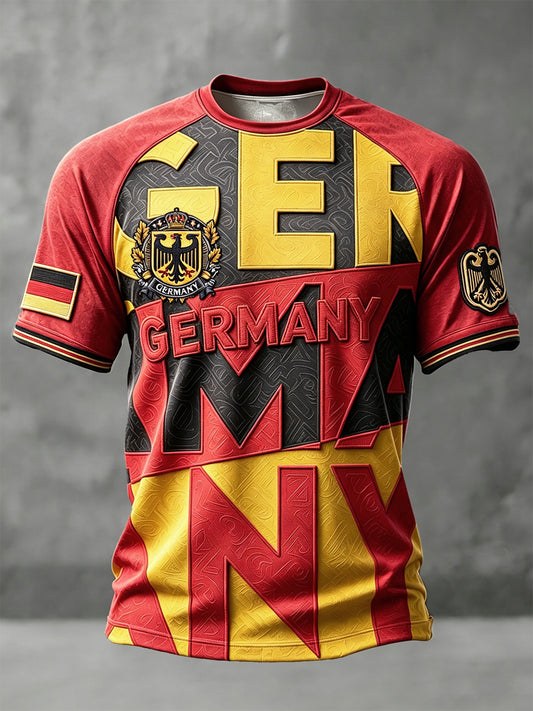 Herren-Casual-T-Shirt im deutschen Fußball-Stil mit Patchwork-Print und abgesenkten Schultern