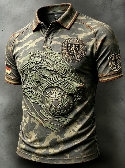 Herren-Poloshirt im Retro-Stil mit Camouflage-Muster und Patchwork-Print – lässig und sportlich